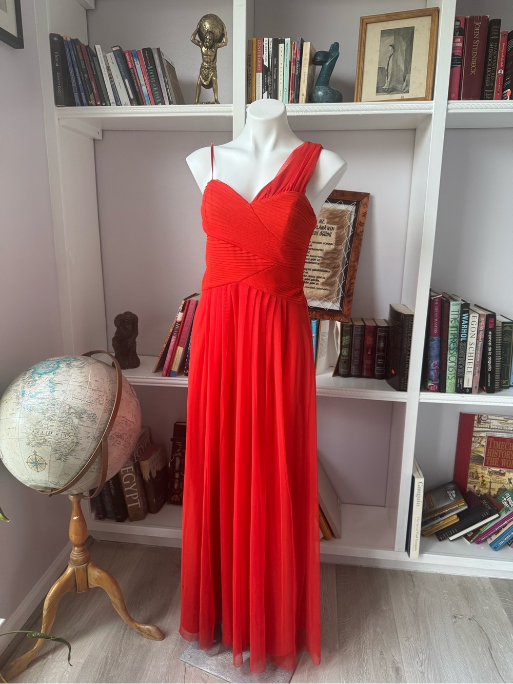 Max & Cleo Vibrant Red One-Shoulder Pleated Tulle Gown